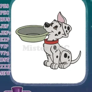 A charming embroidery of a Dalmatian puppy, sitting with an empty green bowl, looking expectantly.