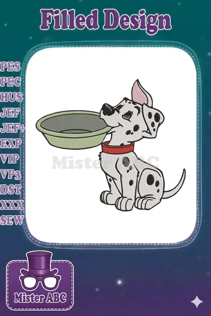 A charming embroidery of a Dalmatian puppy, sitting with an empty green bowl, looking expectantly.