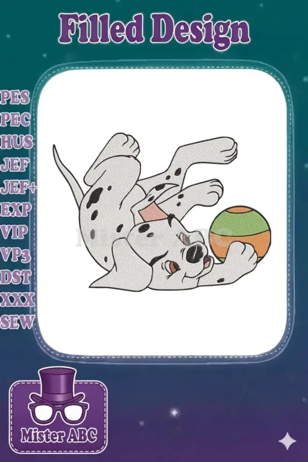 Close-up of a joyful Dalmatian puppy embroidery design, playfully holding a colorful ball on its back.