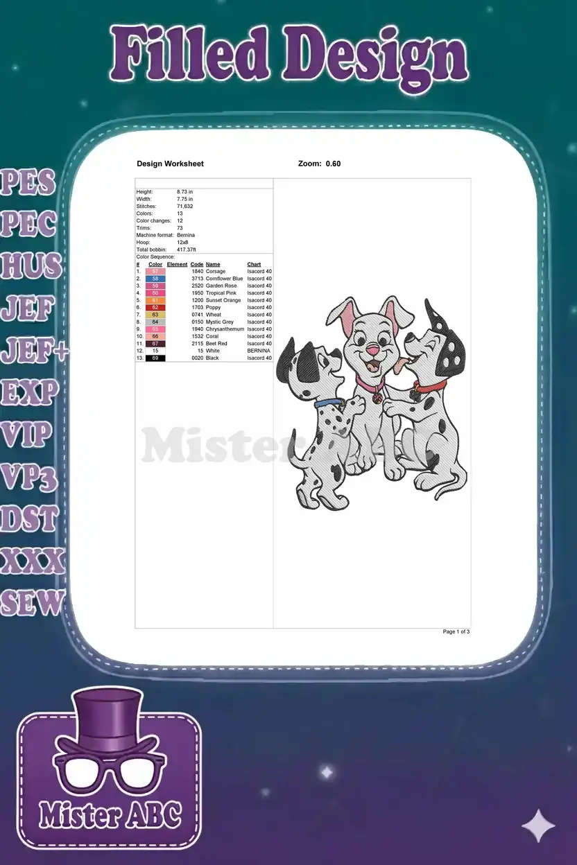 Detailed embroidery design worksheet showing dimensions, stitch count, color chart, and technical specifications for production.