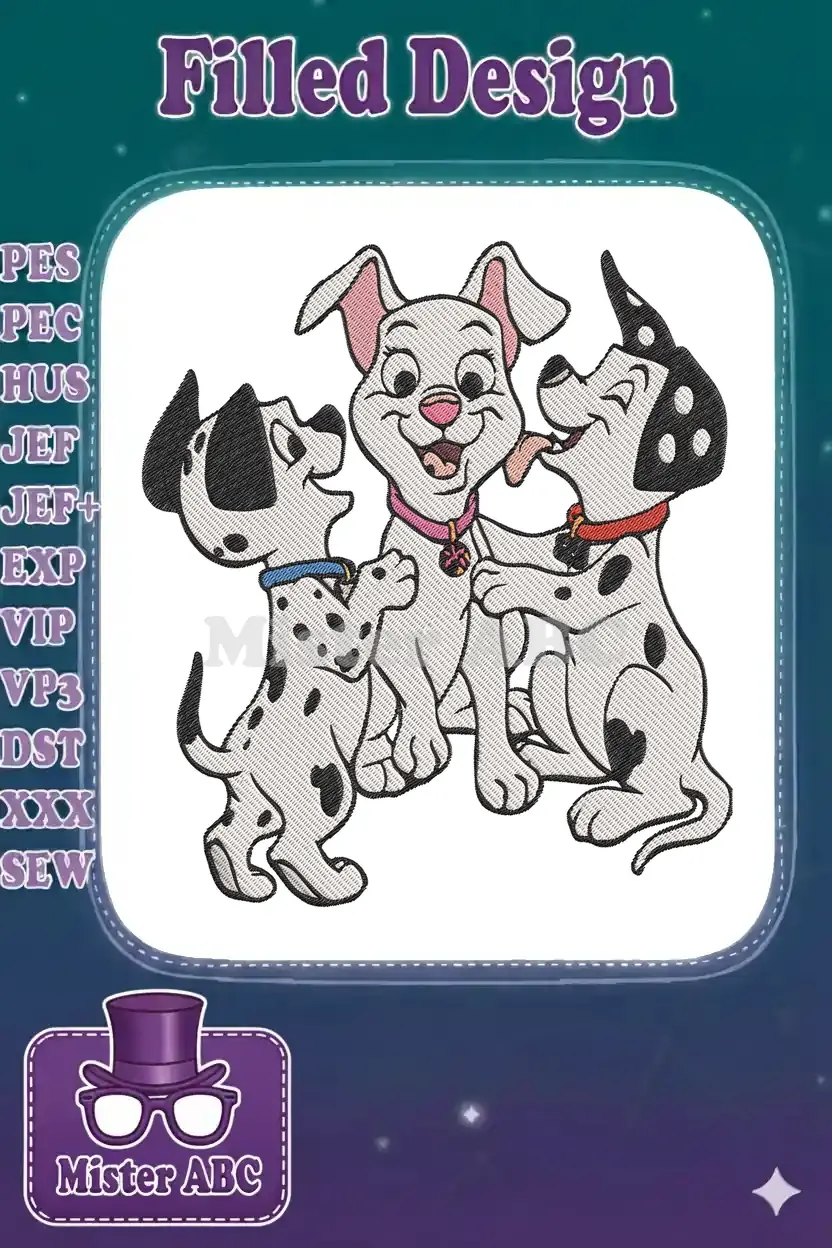 Adorable embroidery design of three playful Dalmatian puppies, a white one and two spotted, with vibrant colors and intricate details.