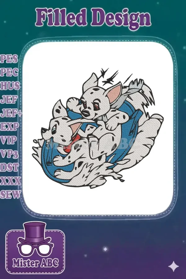 Embroidered image of two energetic Dalmatian puppies, one playfully pouncing on the other. Classic animated style.