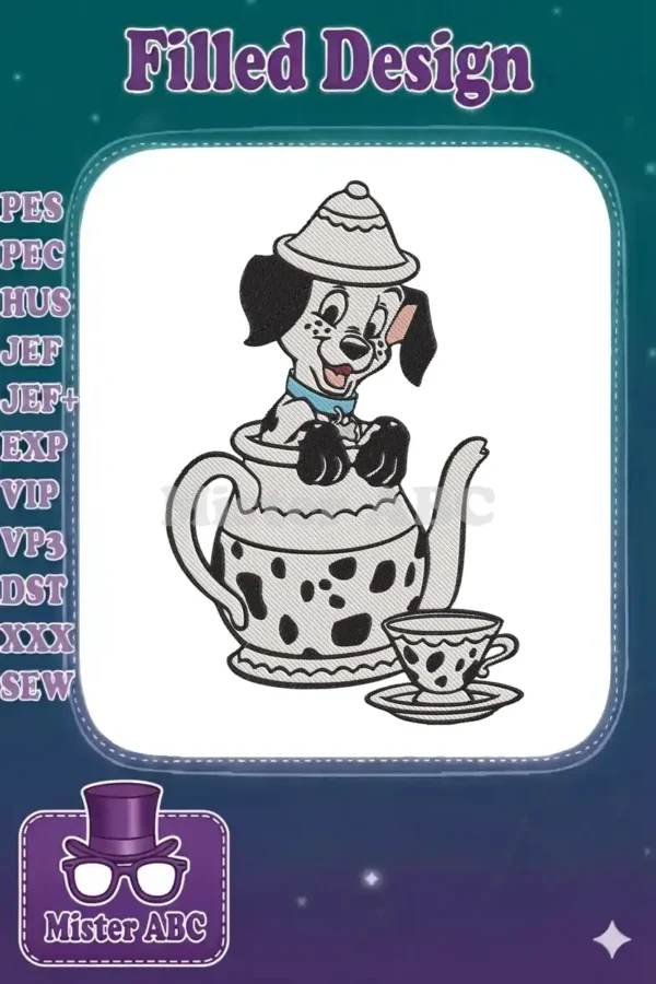 A delightful embroidery of a spotted Dalmatian puppy playfully peeking from a matching polka-dotted teapot, with a teacup.