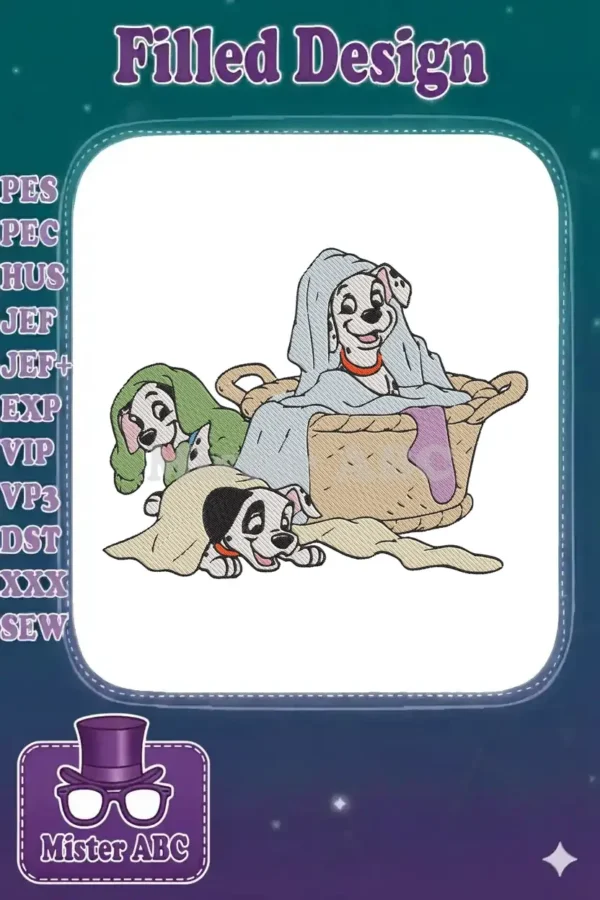 Three adorable 101 Dalmatians puppies, one in a basket, two under blankets, after a playful bath.