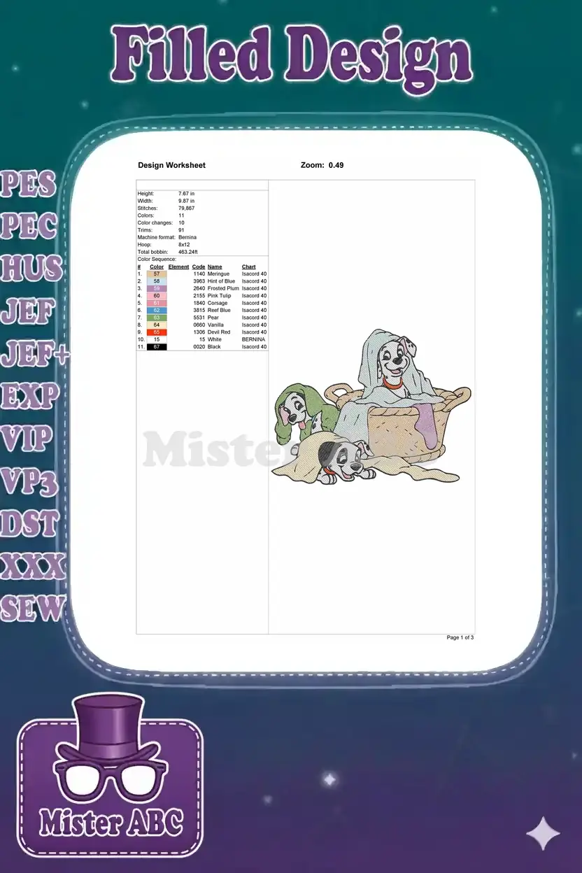 Embroidery design worksheet showing dimensions, stitch count, color sequence, and machine specifications.