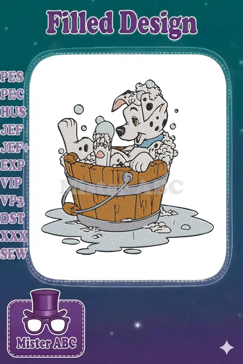 A charming embroidery design of a spotted Dalmatian puppy playfully bathing in a rustic wooden tub with bubbles.