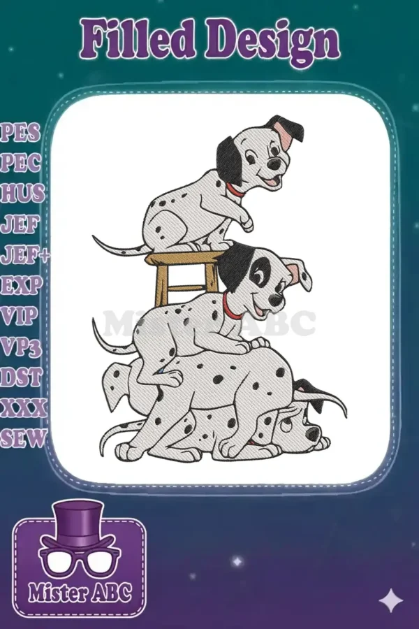 Three adorable 101 Dalmatians puppies stacked playfully, showcasing a charming and detailed embroidery design.