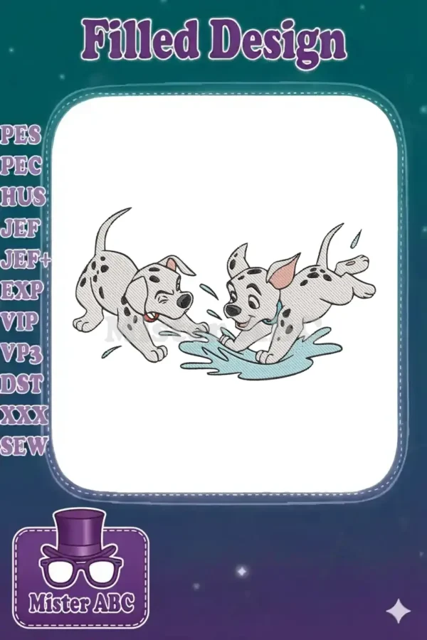 Two cheerful Dalmatian puppies, one with a red collar, splashing playfully in a blue water puddle, a lively embroidery.