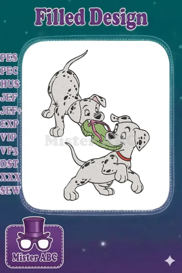 Two animated Dalmatian puppies in an embroidery design, playfully tugging on a green and pink sneaker.
