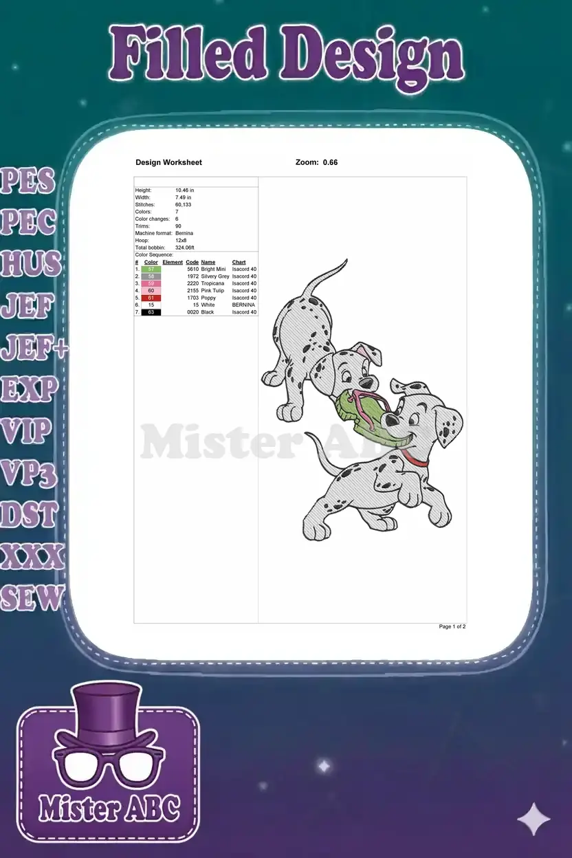 An embroidery design worksheet displaying dimensions, stitch count, color sequence, and thread details.