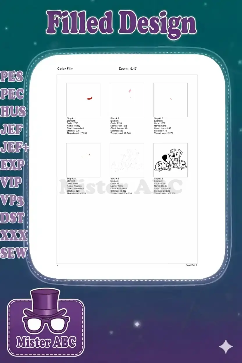 Color film showing the step-by-step stitch sequence for the Dalmatian puppies embroidery design.