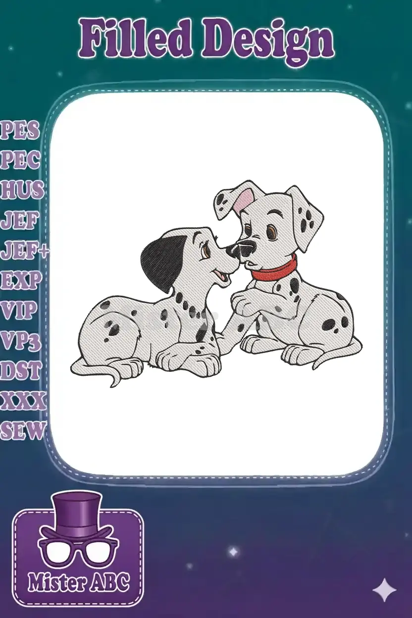 Two charming Dalmatian puppies, one with a black ear and the other with a red collar, sitting and interacting.