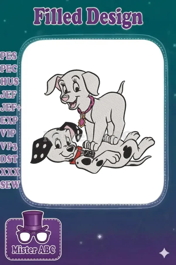 Playful embroidery design featuring two adorable Dalmatian puppies, one standing on the other, full of animated joy.