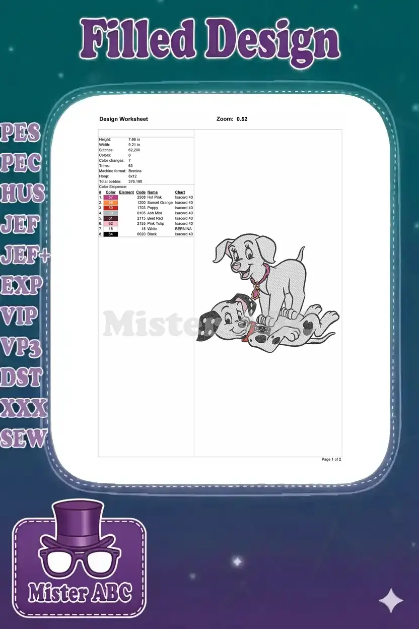 Detailed embroidery design worksheet showing dimensions, stitch count, colors, and machine compatibility for the puppies.
