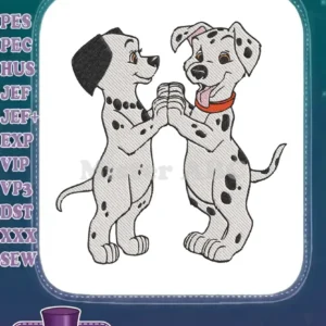 Two adorable Disney-style Dalmatian puppies, one male and one female, holding paws in a charming embrace.