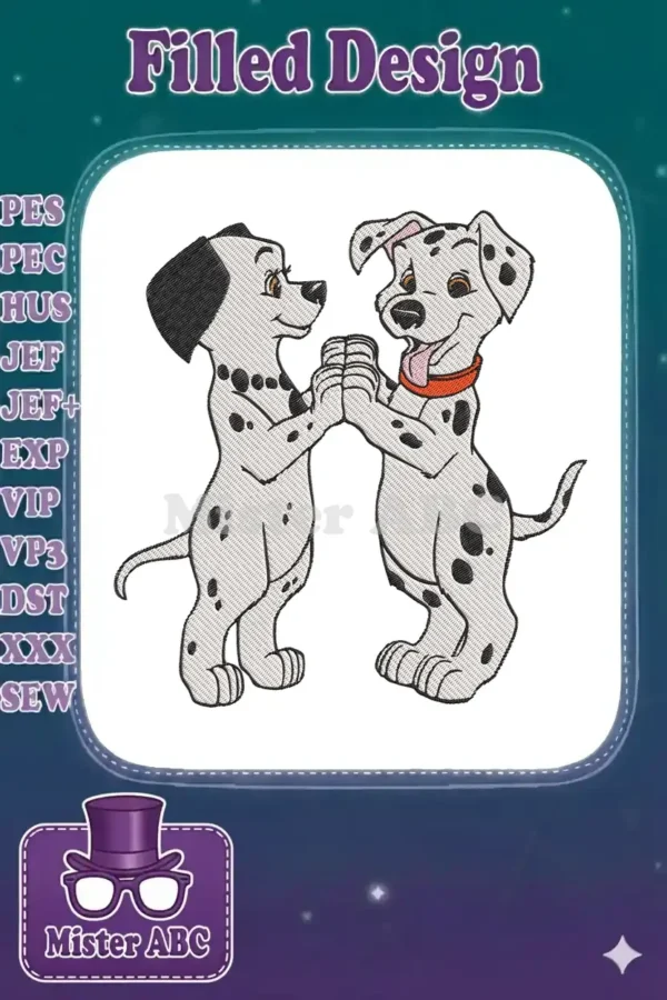 Two adorable Disney-style Dalmatian puppies, one male and one female, holding paws in a charming embrace.