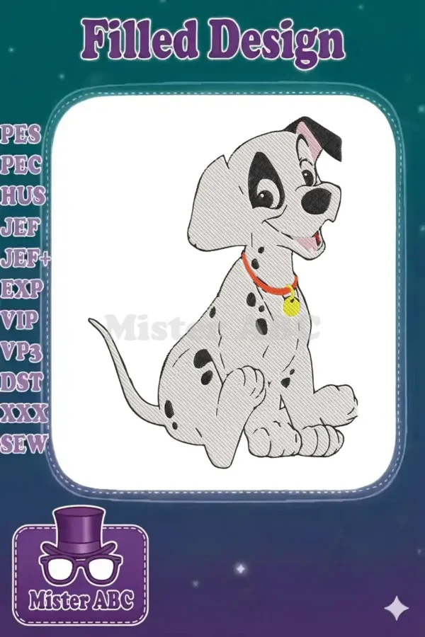 Close-up of a charming Dalmatian puppy embroidery design, sitting with an orange collar and yellow tag, detailed fill stitch.