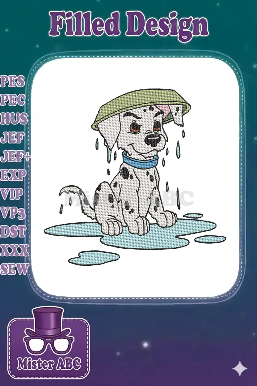 Adorable embroidery of a Dalmatian puppy sitting, with a green bowl on its head, water dripping around it, and puddles.