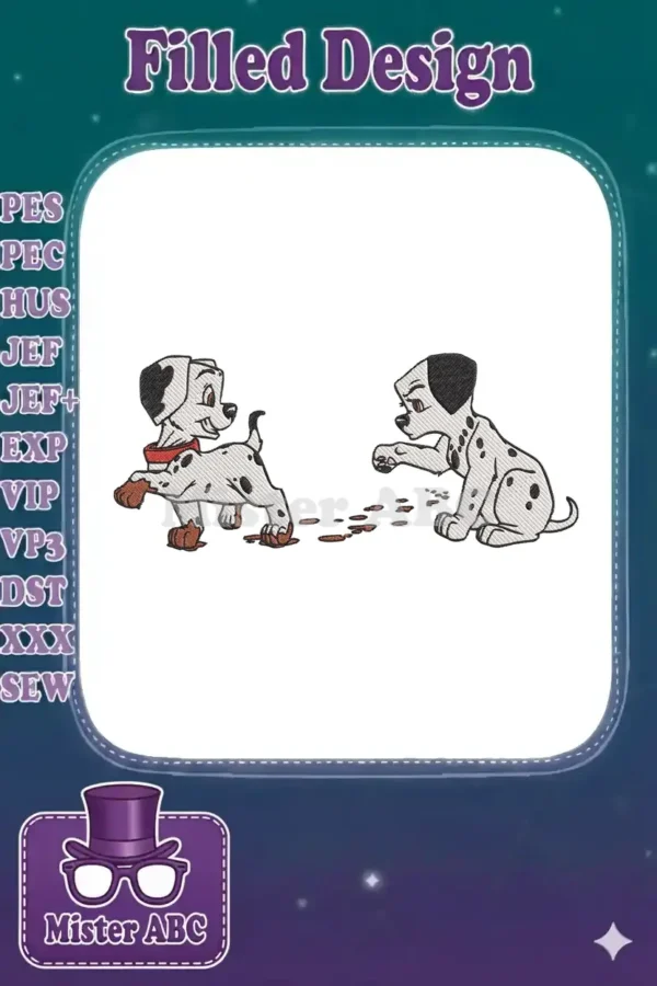 Embroidery design of two cute Dalmatian puppies, one with muddy paws, the other reacting mischievously. Disney inspired.