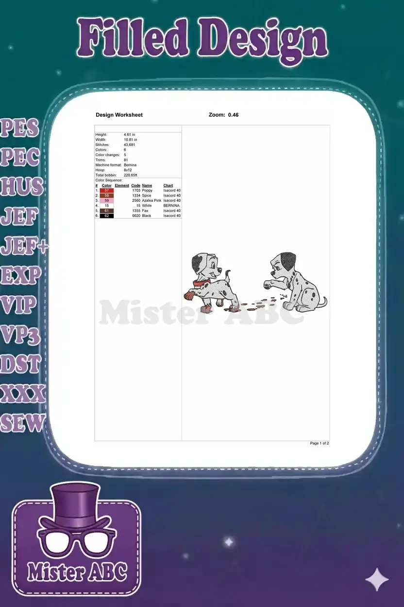 Embroidery design worksheet detailing dimensions, stitch count, color sequence, and machine format for the Dalmatian design.