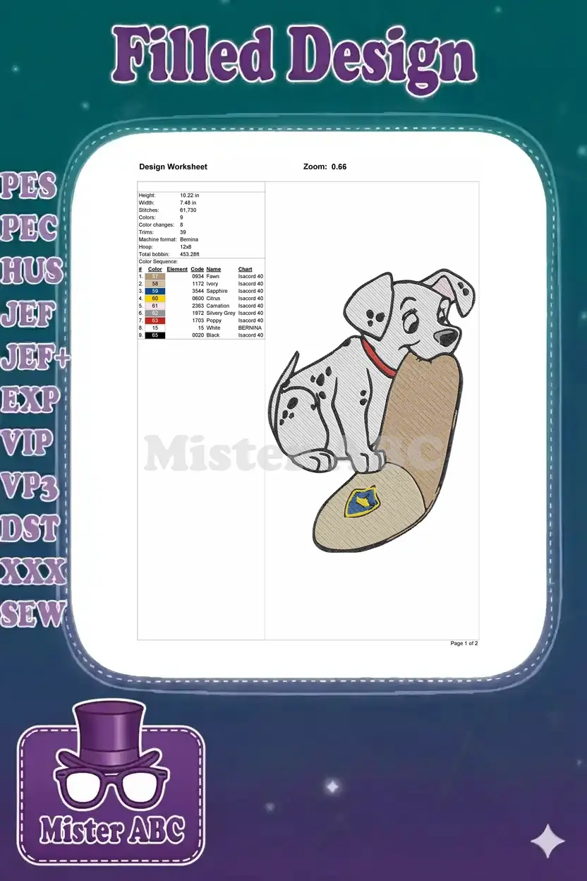 Detailed embroidery design worksheet showing dimensions, stitch count, color changes, and thread chart for Patch.