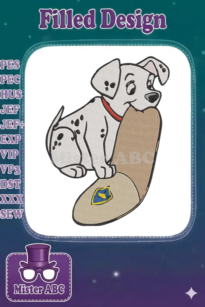 A charming machine embroidery design featuring Patch, the Dalmatian puppy, playfully chewing on a house slipper.