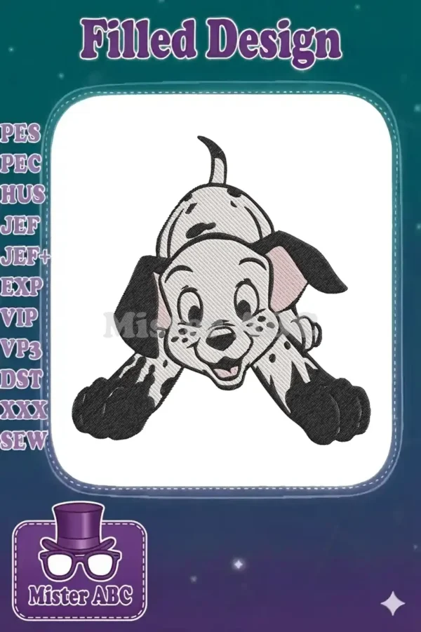 Embroidered playful Dalmatian puppy design, featuring classic black spots, white fur, and a cheerful expression.