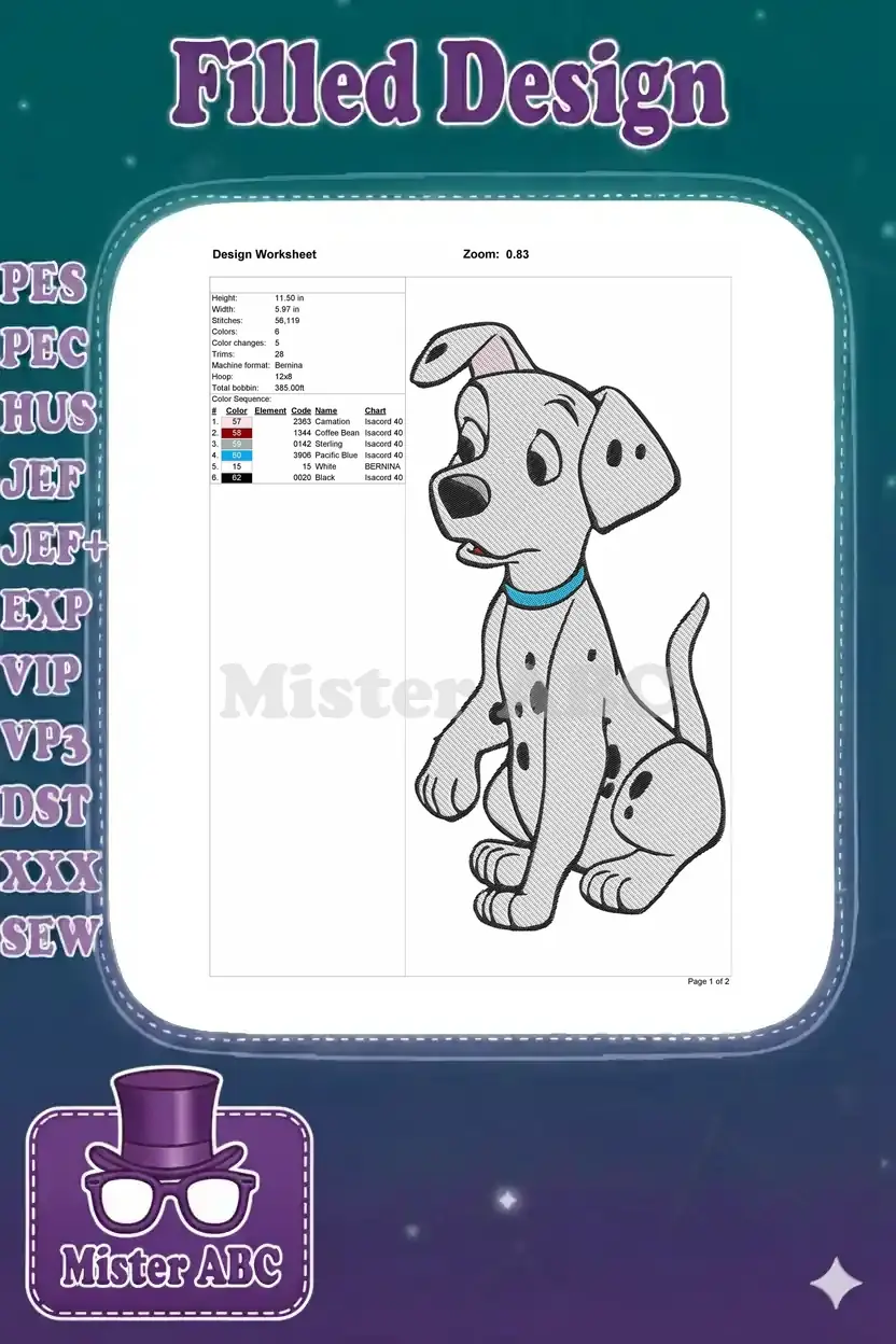 Detailed embroidery design worksheet showing dimensions, stitch count, color sequence, and thread brands.