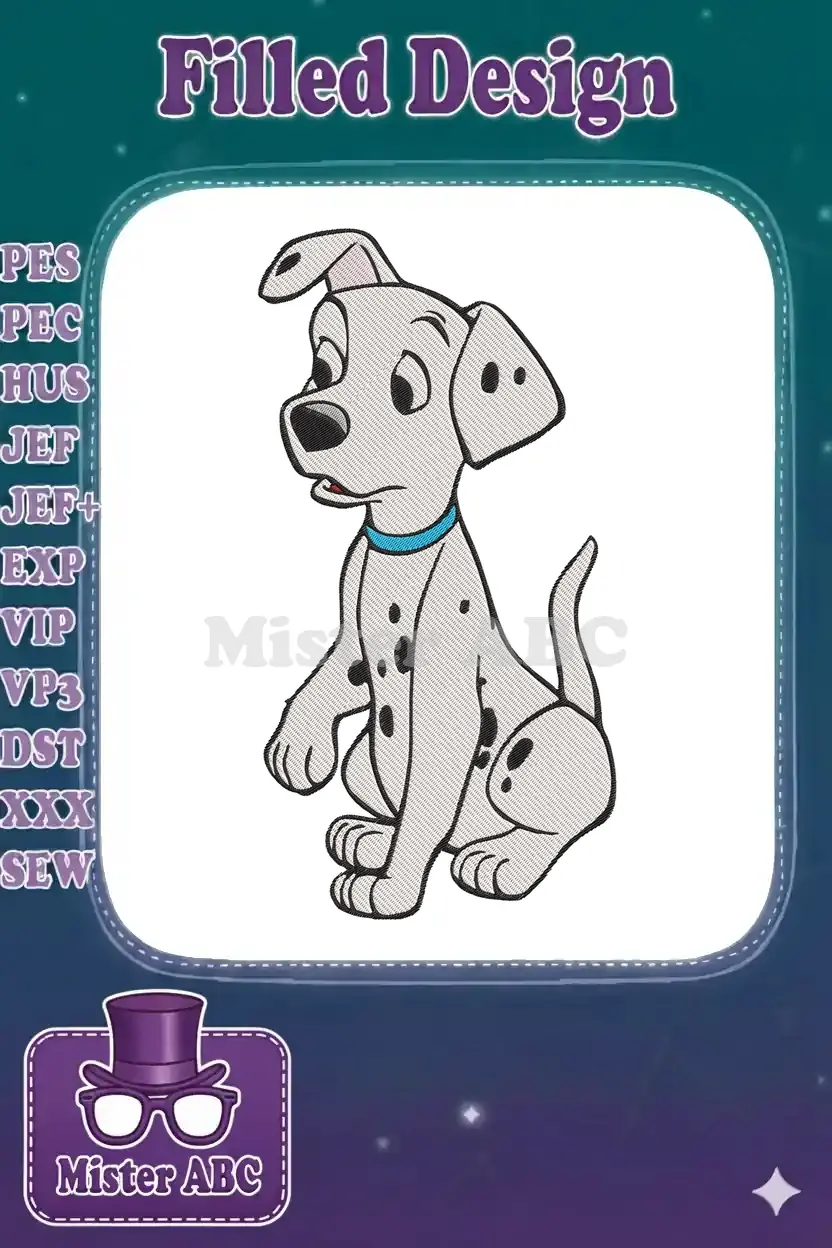 A charming, detailed embroidery design of a sitting Dalmatian puppy with a blue collar, facing left.