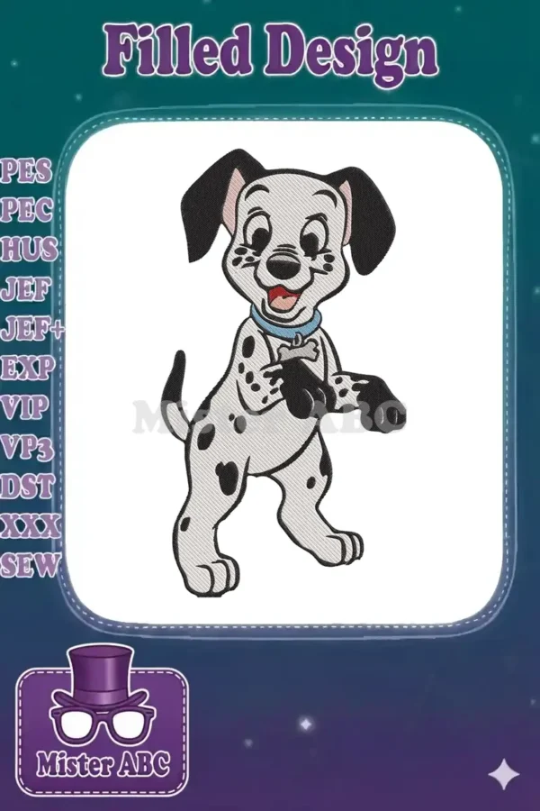 A charming embroidery design of a happy Dalmatian puppy, Patch, with a blue collar and a bone tag, on white.