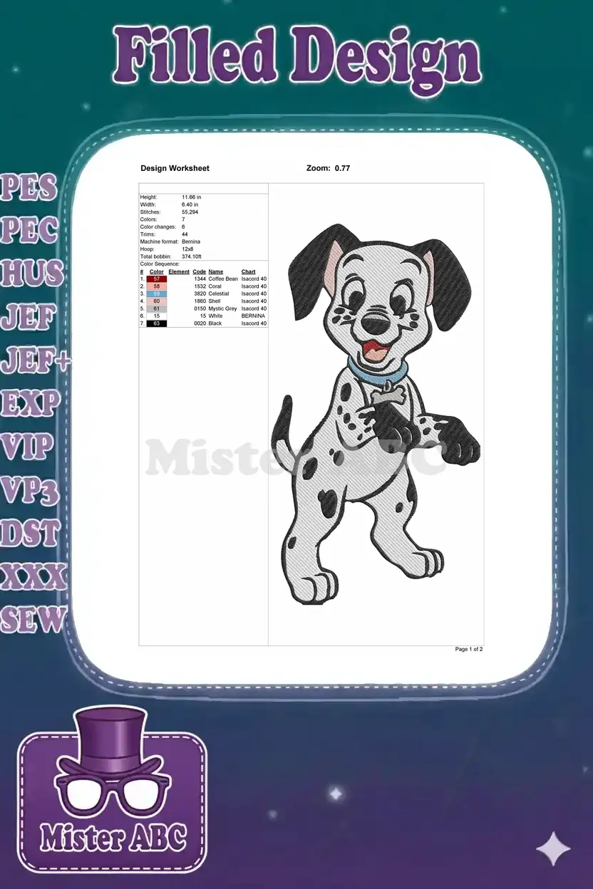 Detailed embroidery design worksheet showing dimensions, stitch count, color sequence, and thread codes.