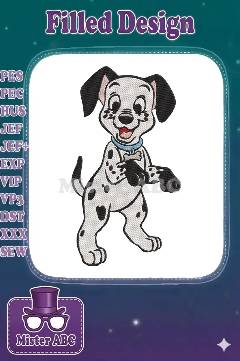 A charming embroidery design of a happy Dalmatian puppy, Patch, with a blue collar and a bone tag, on white.