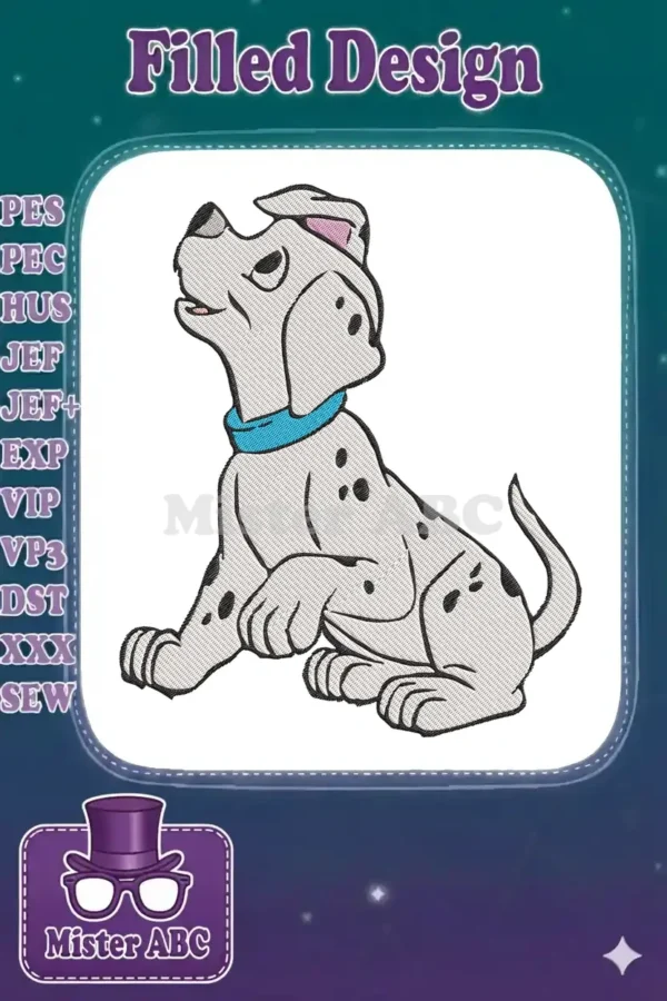 A charming embroidery design of a cartoon Dalmatian puppy, sitting with a blue collar, perfect for kids' apparel.