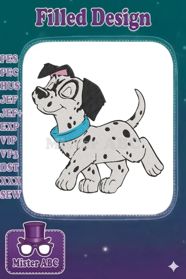 Vibrant embroidery design of a cheerful Dalmatian puppy, likely Patch, with black spots and a bright blue collar, perfect for kids' items.