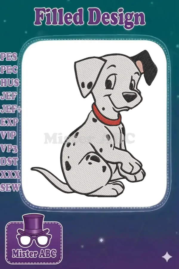 Adorable sitting Dalmatian puppy embroidery design, featuring classic black spots and a vibrant red collar. Perfect for kids' items.