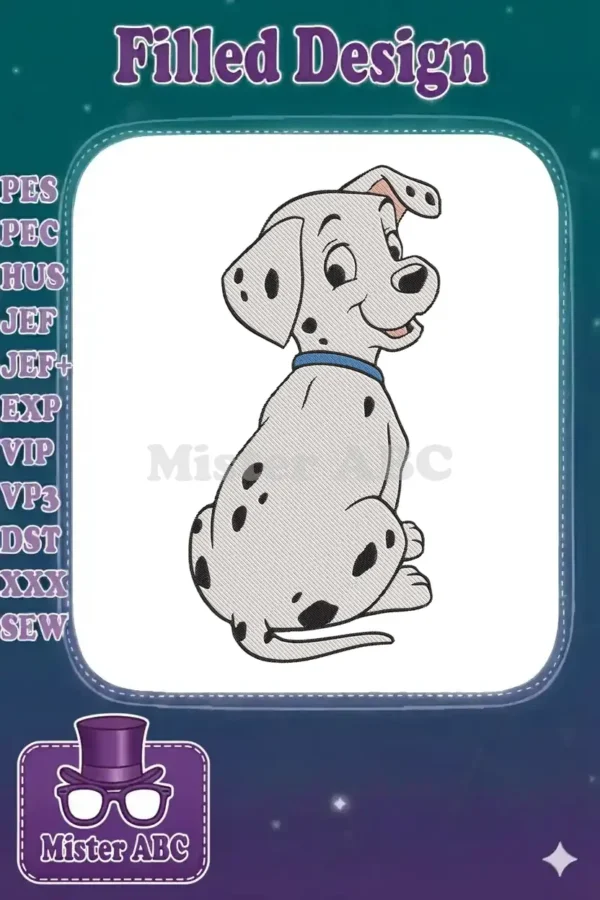 A charming, happy Dalmatian puppy embroidery design, sitting with a blue collar, featuring detailed fill stitches.