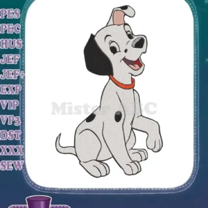 A delightful embroidery of a sitting Dalmatian puppy with a red collar, smiling brightly on a white background.