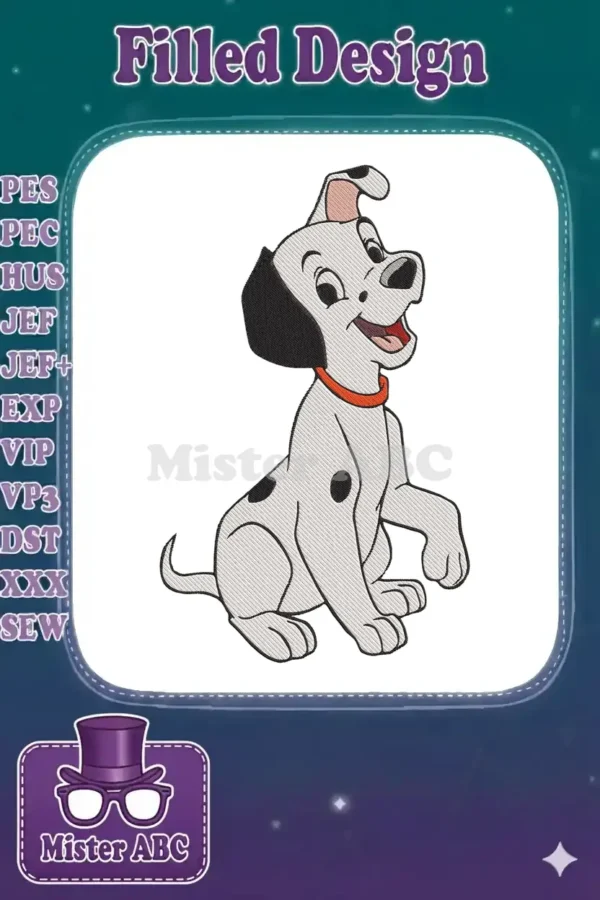 A delightful embroidery of a sitting Dalmatian puppy with a red collar, smiling brightly on a white background.