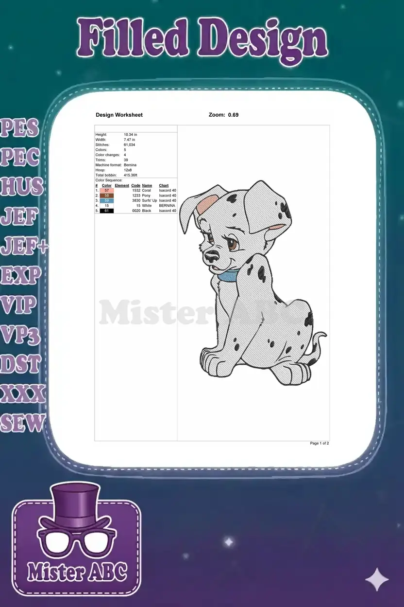 Embroidery design worksheet for Patch, detailing dimensions, stitch count, color sequence, and thread information.