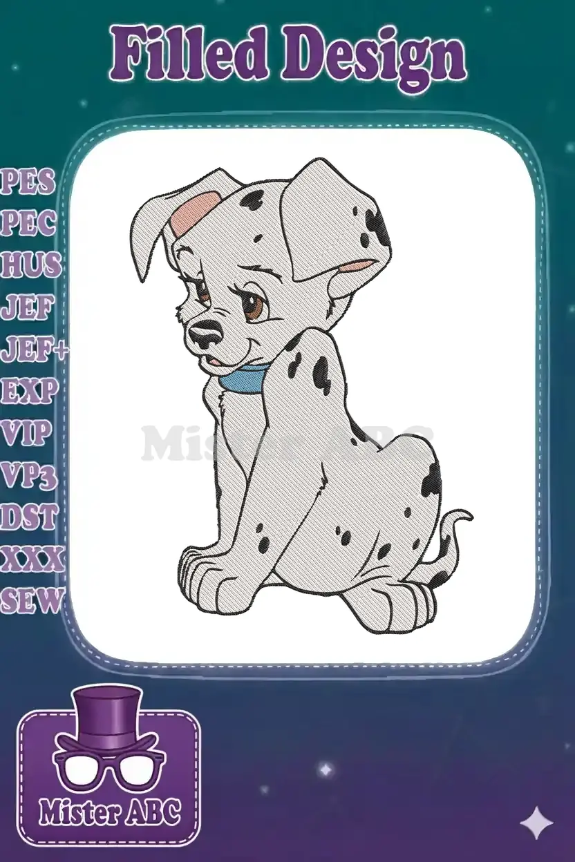 Full-color embroidery design of Patch, the adorable Dalmatian puppy, sitting with a gentle, curious expression.