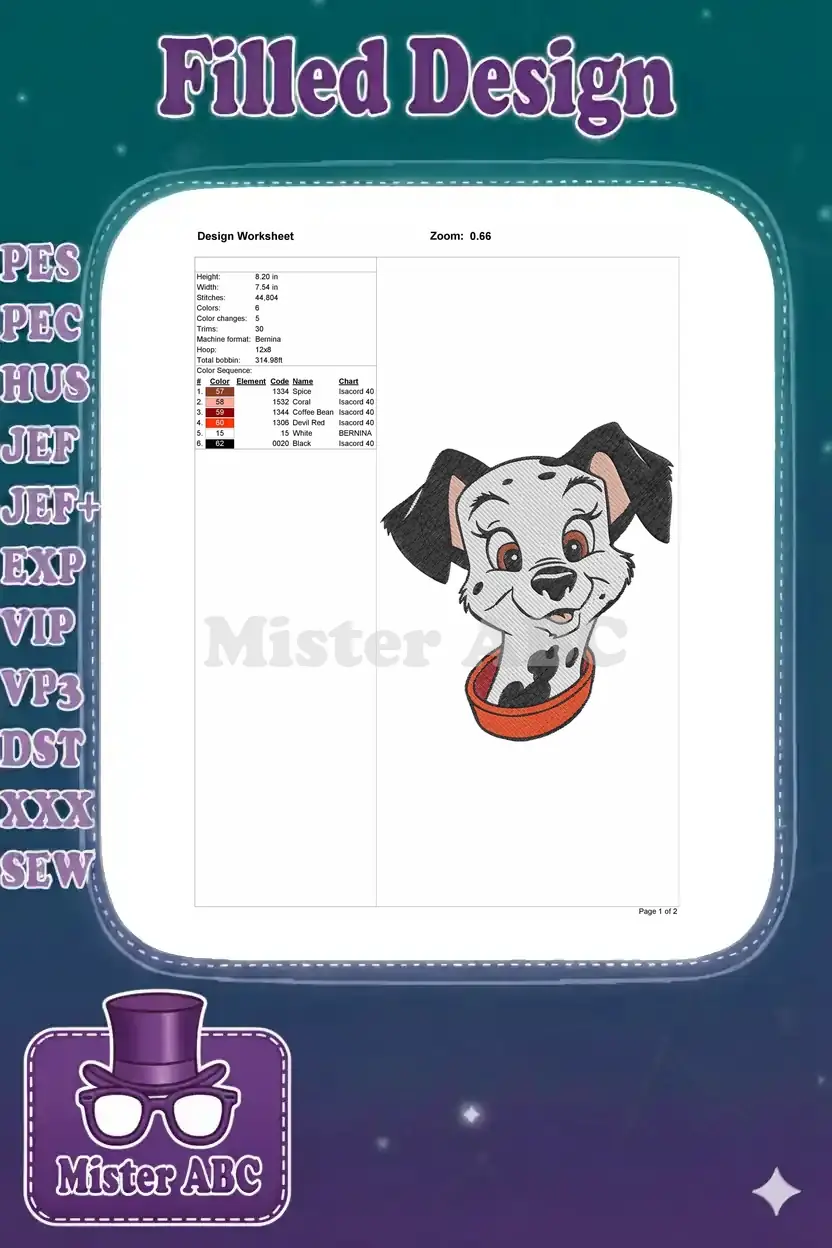 Embroidery design worksheet detailing dimensions, stitch count, color sequence, and thread codes for the Dalmatian puppy.