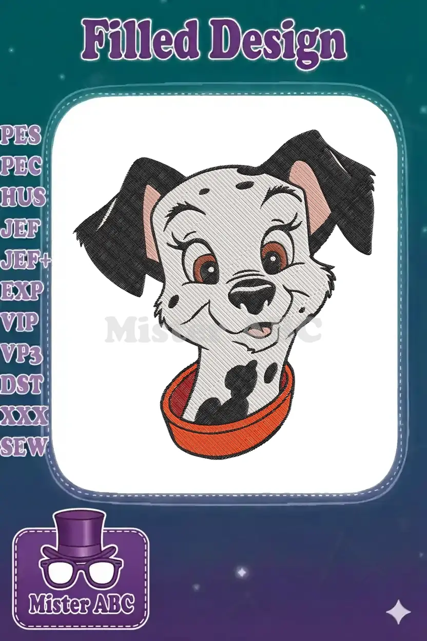 Close-up of a cheerful, smiling Dalmatian puppy head embroidery design, with black spots and an orange collar.