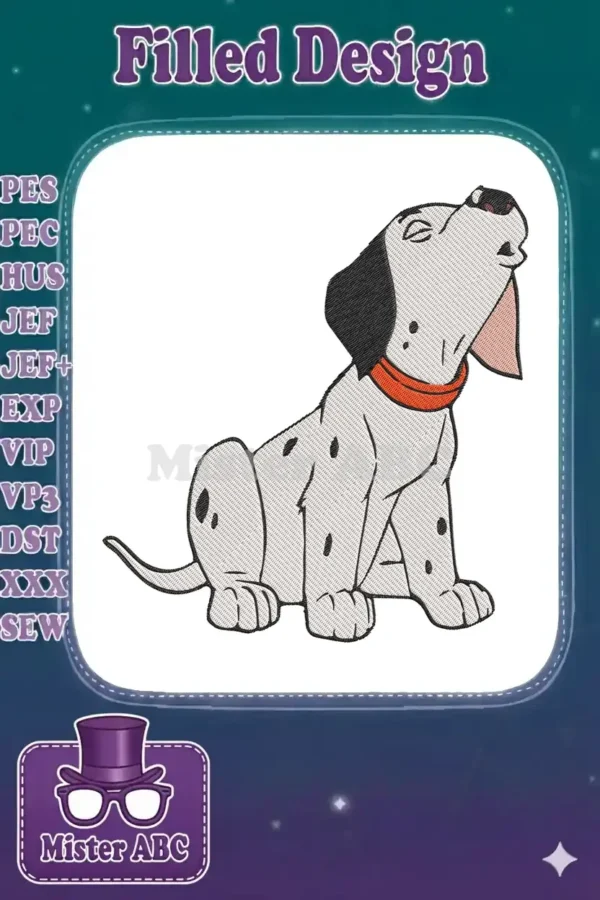 Close-up of an adorable embroidered Dalmatian puppy sitting, looking upwards with a bright red collar.