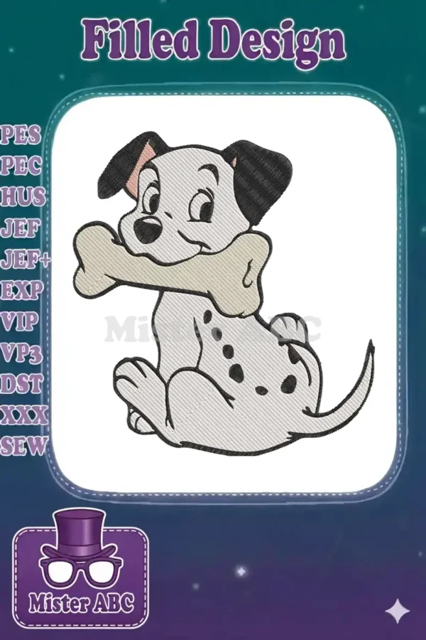 Cute Patch the Dalmatian puppy embroidery design, sitting and happily holding a large bone, cartoon style.