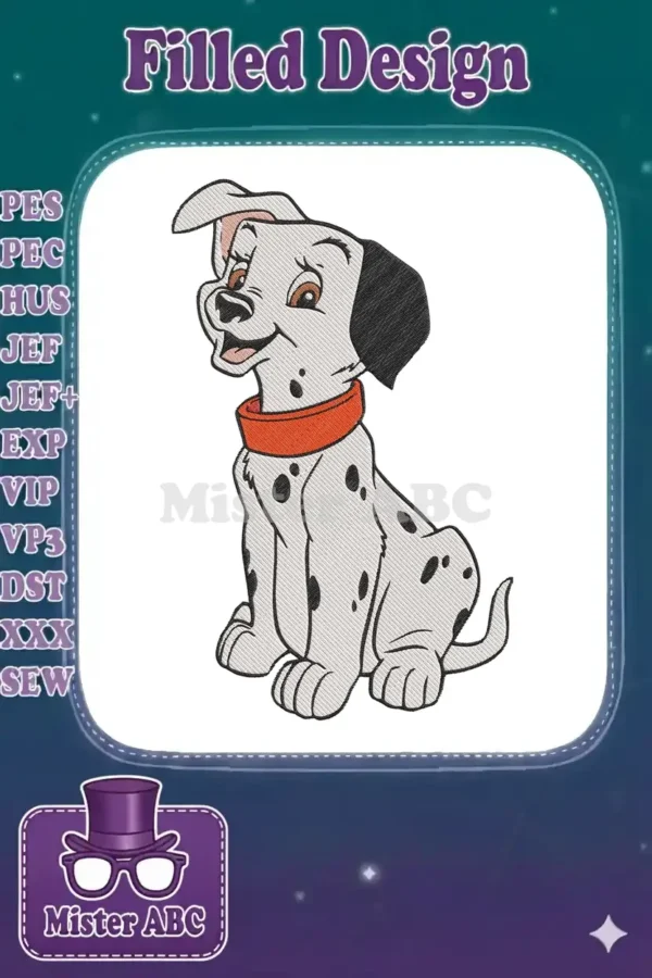 A charming, happy Dalmatian puppy embroidery design, sitting with a red collar, showcasing detailed fill stitches.
