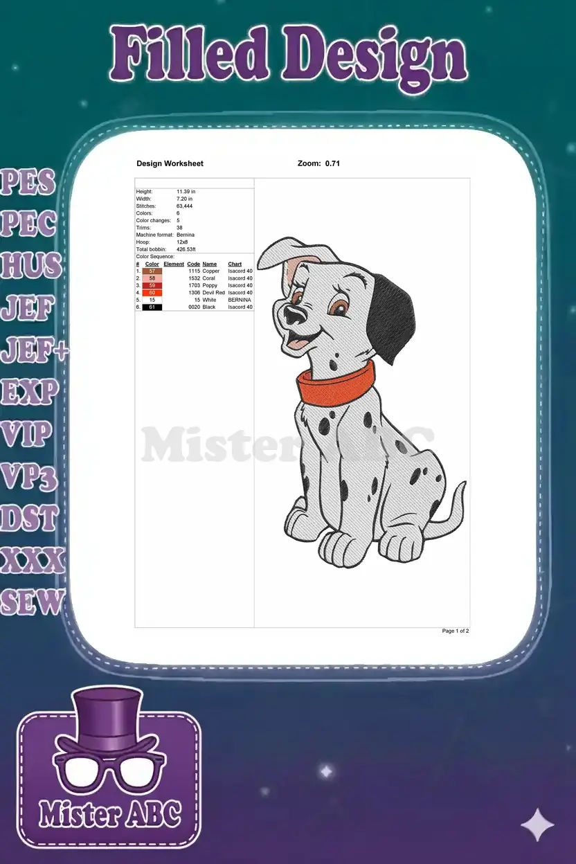 A detailed embroidery design worksheet for the Dalmatian puppy, showing size, stitch count, and color sequence.
