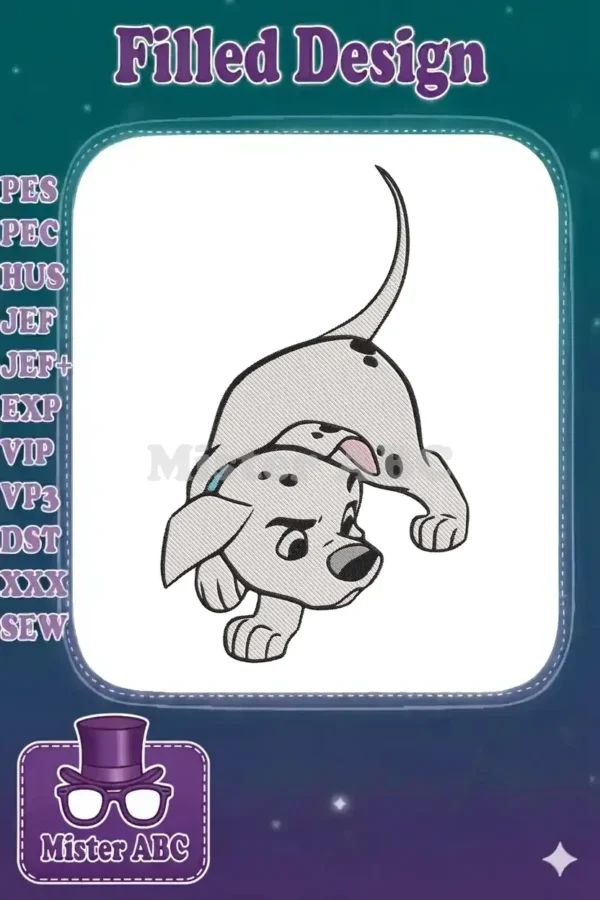 An adorable Dalmatian puppy embroidery design, featuring black spots and a playful, curious stance on a white background.