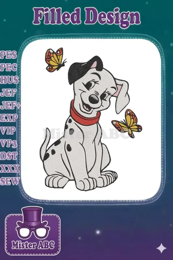 A happy Dalmatian puppy with a red collar, sitting playfully amidst two vibrant butterflies, in a high-quality embroidery design.