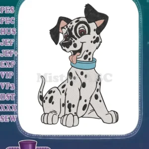 A charming cartoon Dalmatian puppy, sitting with a smile and tongue out, wearing a bright blue collar, perfect for embroidery.