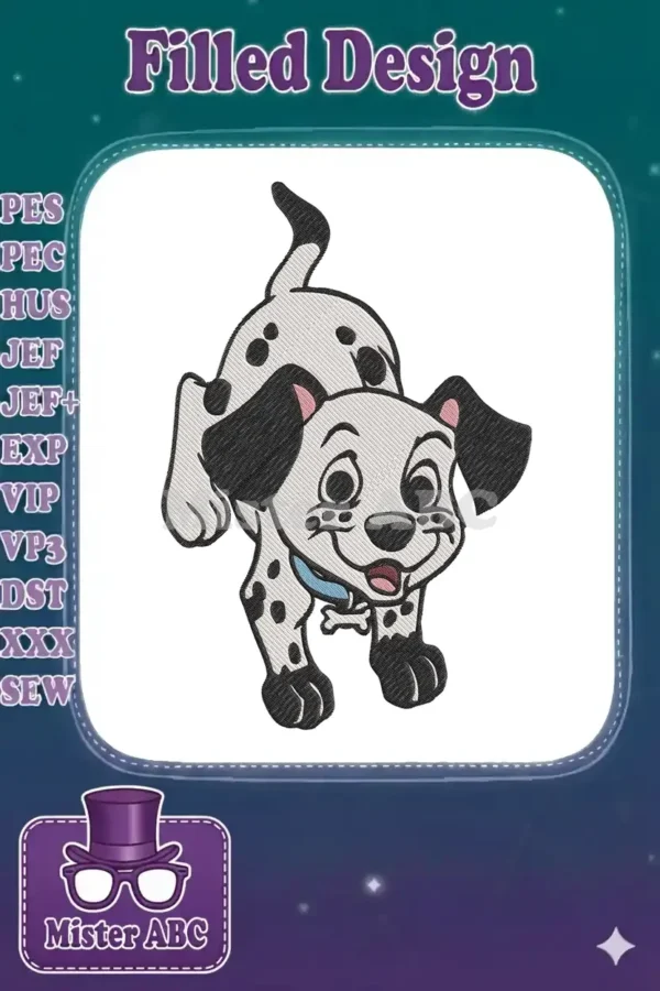 Adorable embroidery design featuring a playful black and white Dalmatian puppy with a blue collar, tail wagging.